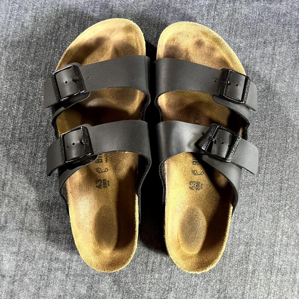 Birkenstock Arizona Men’s Black Leather Slide Sandals Adjustable Buckle EU 43